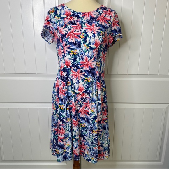 H&M Dresses & Skirts - Floral Fit-and-Flare Short Sleeve Dress - Blue & Pink